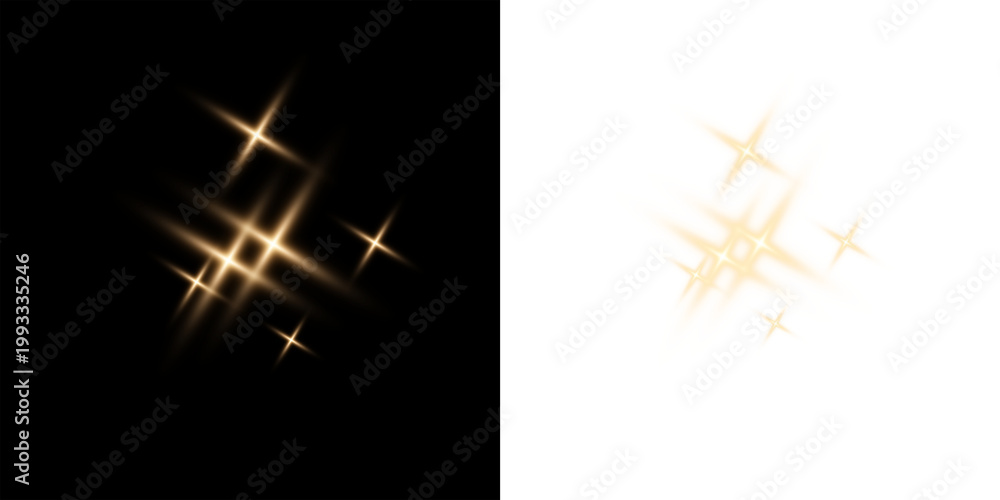 Fototapeta premium Golden glow effect with lens flares and magical energy on a transparent PNG background.