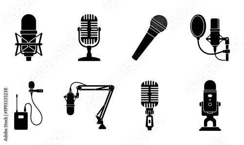 Schilderij op canvas Professional microphone icon set, 8 black vector microphone silhouettes, vintage