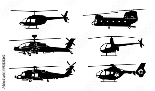 Foto Helicopter Silhouettes Collection, Military and Medical Aircraft Vector Icons, A
