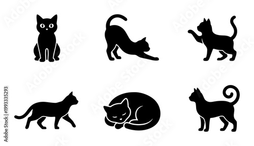 Quadro su tela Black cat silhouette icons set, 6 vector feline animal poses, domestic kitten si
