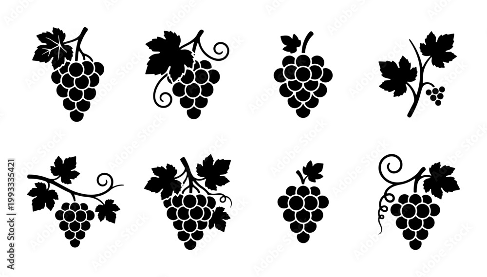 Fototapeta premium Black grape icons set with leaves and vines, minimalist fruit silhouettes for wine labels, 8 vector grape bunch illustrations for winery branding