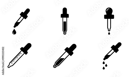 Medical dropper icon set with liquid droplets, laboratory pipette vector collection, black and white scientific glass dropper illustrations for healthcare