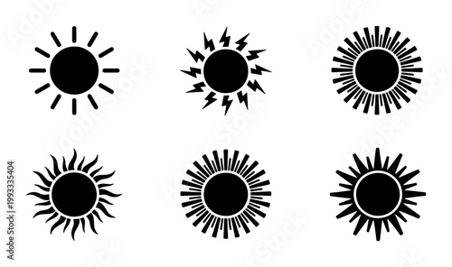 Minimalist sun icon set with 6 black vector silhouettes, geometric solar symbols for weather forecasting, decorative sunburst graphic elements for summer branding