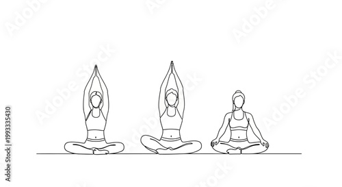 Three women meditating in lotus pose, yoga, mindfulness, healthy lifestyle, line art