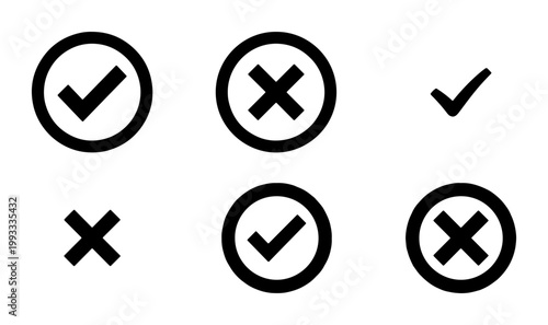 Minimalist check mark and cross icon set, black tick and x symbols for voting and validation, 6 vector elements for web interface design