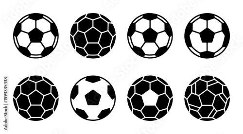 Soccer ball icon set, black and white football vector collection, 8 minimalist sports equipment symbols for competition and athletic design