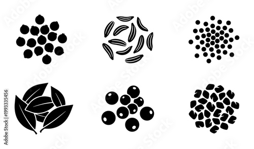 Minimalist spice and herb icons set, black silhouette culinary seasoning vector, organic peppercorn and bay leaf illustrations for kitchen menu design