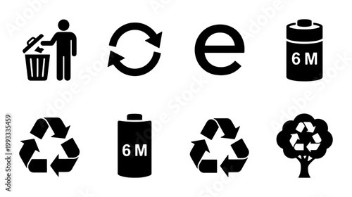 Recycling and environmental icons set, black eco symbols for packaging, 8 vector elements for waste management and sustainability labeling