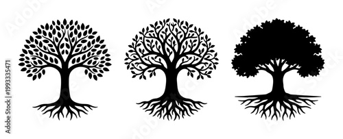 Minimalist tree silhouette collection with roots, set of 3 black oak tree icons, organic nature symbols for environmental branding and logo design