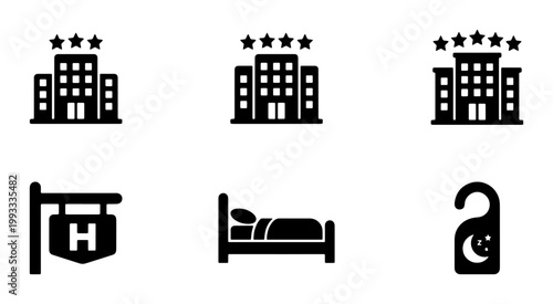 Minimalist hotel icon set, black solid vector symbols for hospitality and travel, 6 luxury accommodation building and room service elements