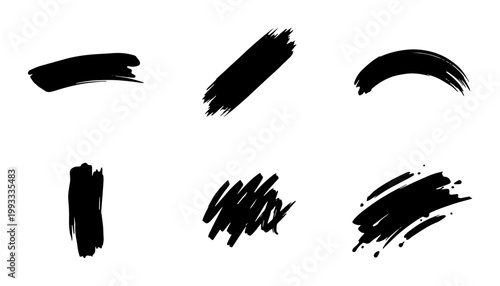 Foto Black paint brush strokes vector set, 6 hand drawn ink smudge elements, textured