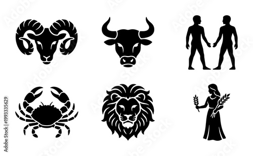 Zodiac signs vector icons set, black astrological horoscope symbols, celestial constellations illustrations for astrology and fortune telling