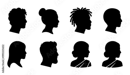 Diverse human profile silhouettes, set of 8 people head icons in side view, black vector avatars with various hairstyles and cultural attire