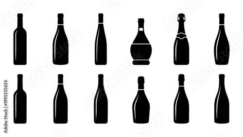 Black wine bottle silhouettes set, 12 alcoholic beverage glass bottle icons, minimalist liquor and champagne bottle vector collection for menu design