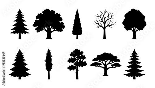 Black tree silhouettes collection, set of 10 forest and park tree icons, minimalist nature vector elements for landscape design and outdoors branding