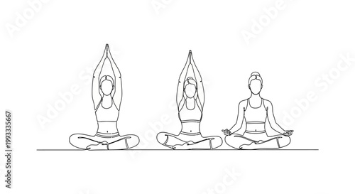 Three women meditating in lotus pose, yoga illustration, wellness and mindfulness
