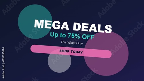 Mega Deals Shopping Promotion Graphic With Abstract Geometric Circles And Vibrant Pink Call To Action Button.