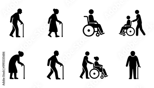 Elderly people silhouette icons set, senior citizens with walking sticks and wheelchairs, disabled patient care and geriatric nursing vector symbols