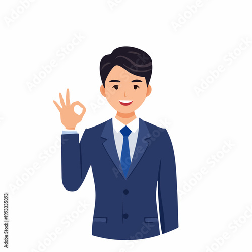 手でOKサインを作るビジネスマンのフラットイラスト