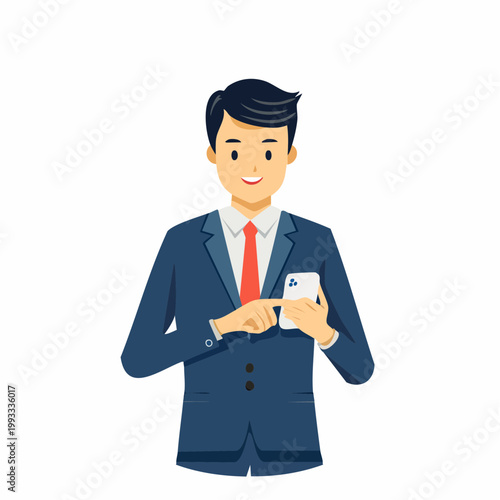 スマホを操作するビジネスマンのフラットイラスト
