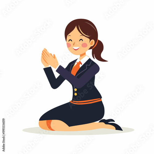 丁寧にお辞儀をするビジネスウーマンのフラットイラスト