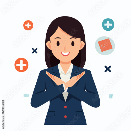 腕でバツ印を作るビジネスウーマンのフラットイラスト