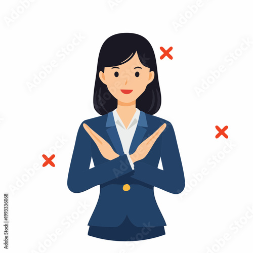 腕でバツ印を作るビジネスウーマンのフラットイラスト