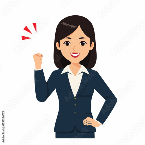 ガッツポーズをするビジネスウーマンのフラットイラスト