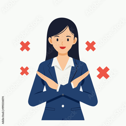 腕でバツ印を作るビジネスウーマンのフラットイラスト