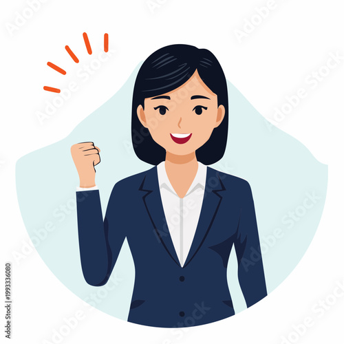 ガッツポーズをするビジネスウーマンのフラットイラスト