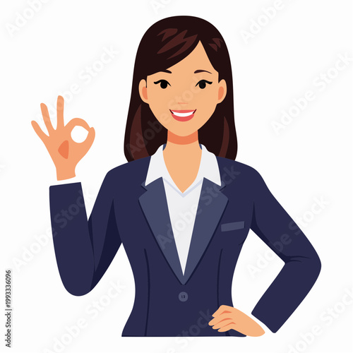 手でOKサインを作るビジネスウーマンのフラットイラスト