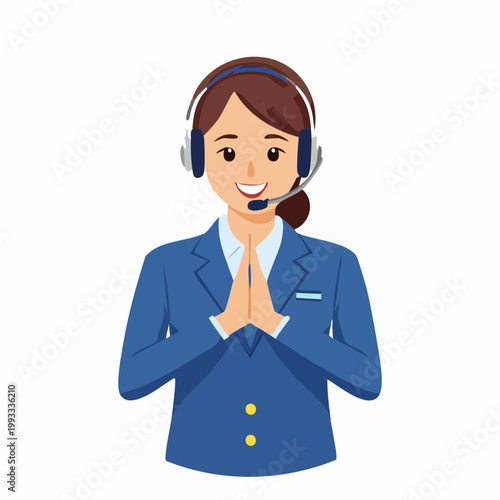 ヘッドセットをつけて丁寧にお辞儀をする女性オペレーターのフラットイラスト