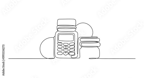 Continuous line drawing of payment terminal and jars, symbolizing cashless transactions and savings.