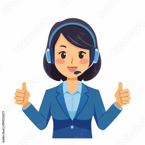 ヘッドセットをつけて親指を立てる女性オペレーターのフラットイラスト