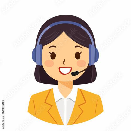ヘッドセットをつけて微笑む女性オペレーターのフラットイラスト（アップ）