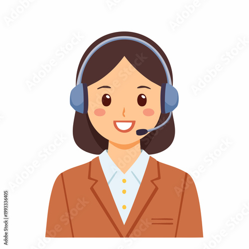 ヘッドセットをつけて微笑む女性オペレーターのフラットイラスト（アップ）