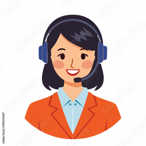 ヘッドセットをつけて微笑む女性オペレーターのフラットイラスト（アップ）