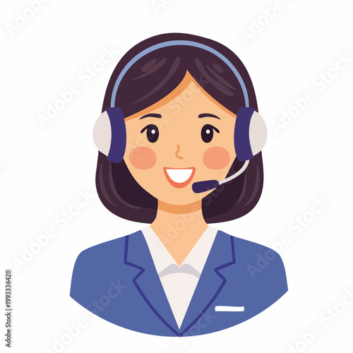 ヘッドセットをつけて微笑む女性オペレーターのフラットイラスト（アップ）