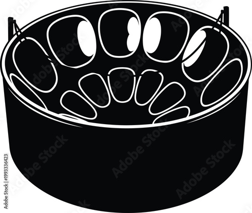 Black and white illustration of a steel drum musical instrument