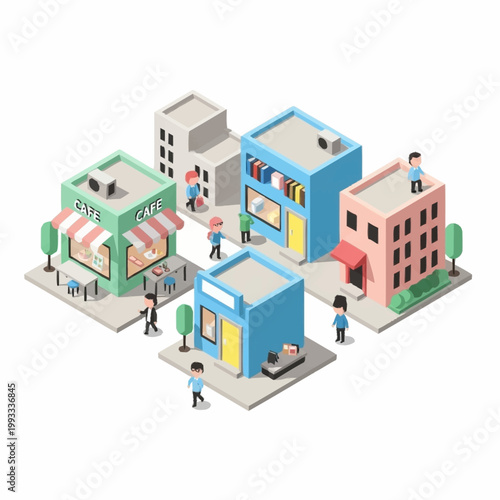 Isometric illustration of a small town street with shops and people.