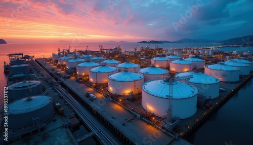 Massive oil terminal with large white tanks on port at dusk. Global energy industry infrastructure for crude oil and gas storage and transport.