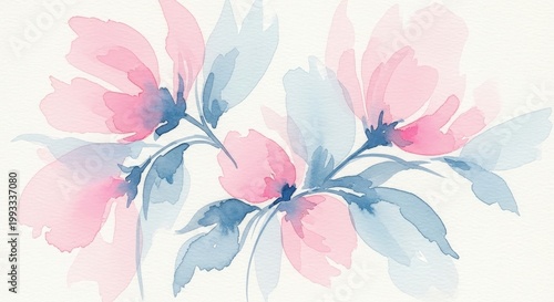 Watercolor of delicate pink and blue floral branches with soft petals and leaves flowers