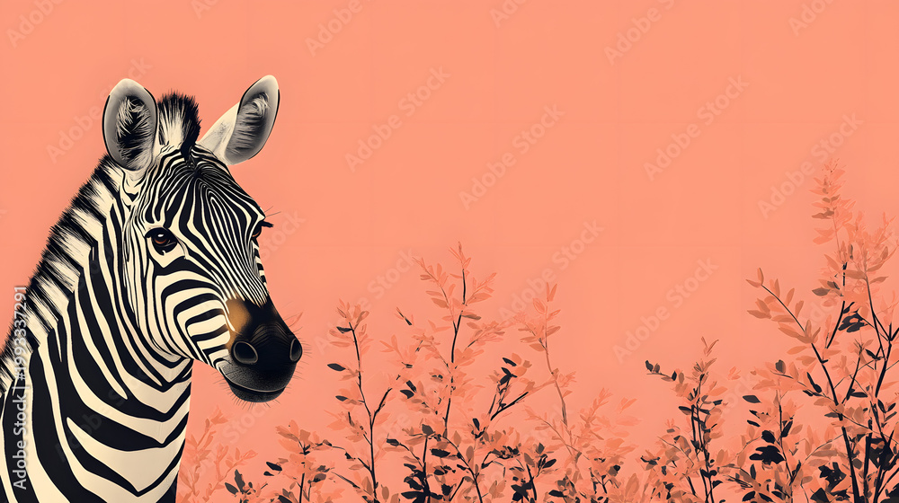 Fototapeta premium Zebra with striped face stands near plants on a pink background during a creative art session