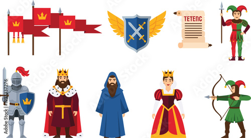 Medieval Characters and Heraldry Set Featuring King Queen Knight Archer Jester and Royal Symbols for Historical Fantasy Illustration Design.