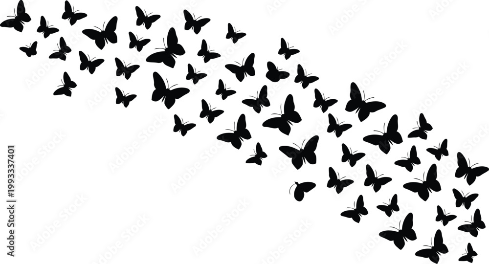 Fototapeta premium Numerous elegant black butterfly forms create a sweeping diagonal path on a pristine white field