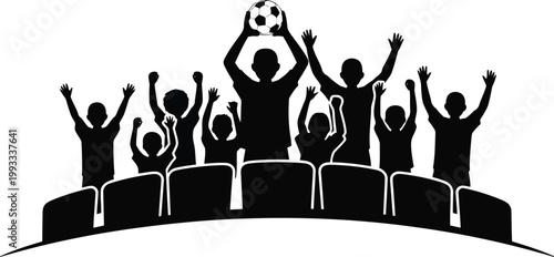 People sitting in stadium seats cheering wildly for a soccer game holding a ball aloft