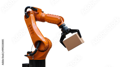 Bild auf Leinwand Orange Industrial Robot Arm Holding Brown Cardboard Box