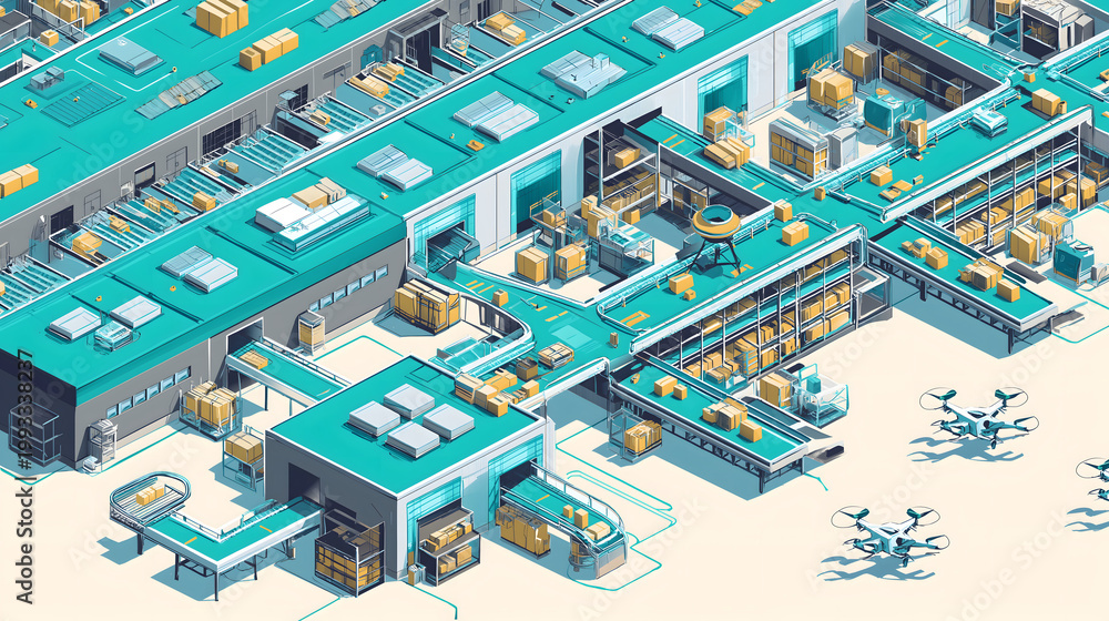 Obraz premium An aerial view of a modern automated distribution center showing parcels moving along conveyor belts and delivery drones waiting to transport goods in a logistics facility