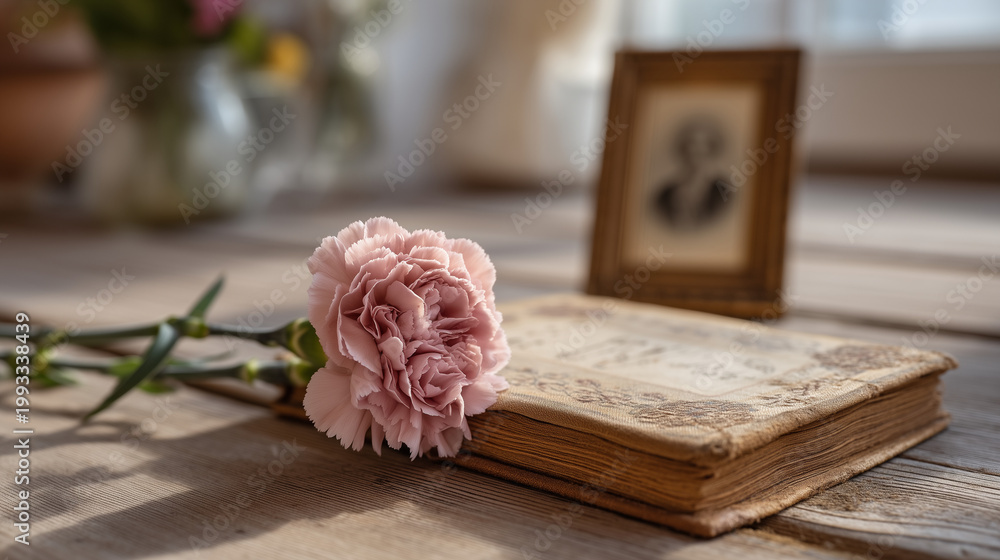 Obraz premium Symbolic still life of wilted Mother's Day carnation beside grief journal and framed black and white photo, honoring a mother who has passed, loss on Mother's Day, grief and love coexist, neutral ba