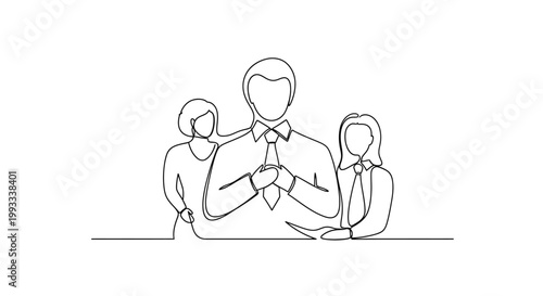 Business Teamwork: Leader with Colleagues, Continuous Line Art, Professional Collaboration